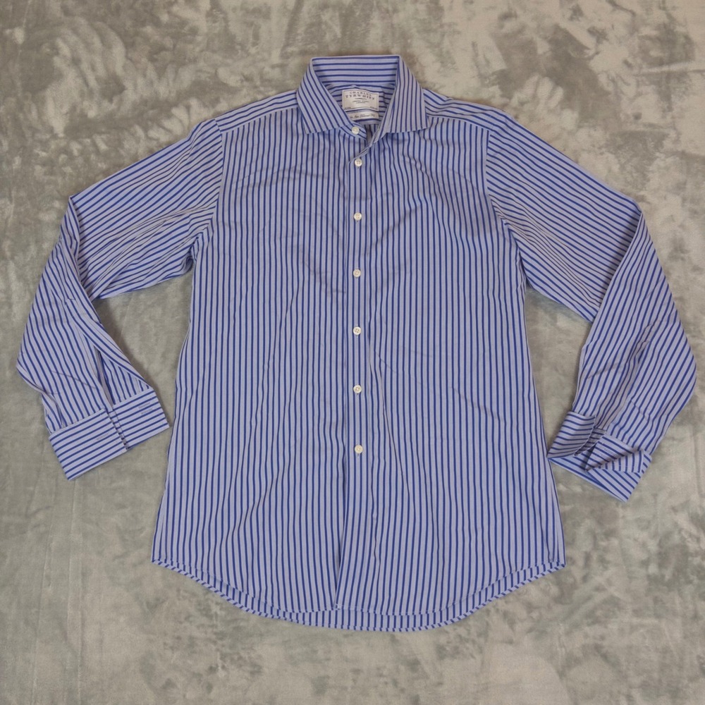 Charles Tyrwhitt Button Down Mens 16/34 Blue Striped Non Iron Tailored Fit Shirt